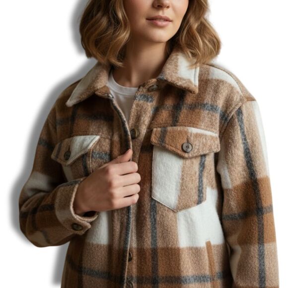 Avec Les Filles L Plaid Shacket Oversized Flannel Shirt Jacket Beige White Cozy - Picture 10 of 11